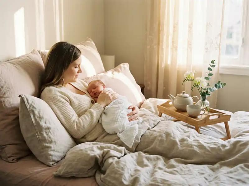 Nieuwe moeder rust in bed met slapende pasgeboren baby op haar borst, kamillethee en witte bloemen op houten dienblad, warm ochtendlicht.