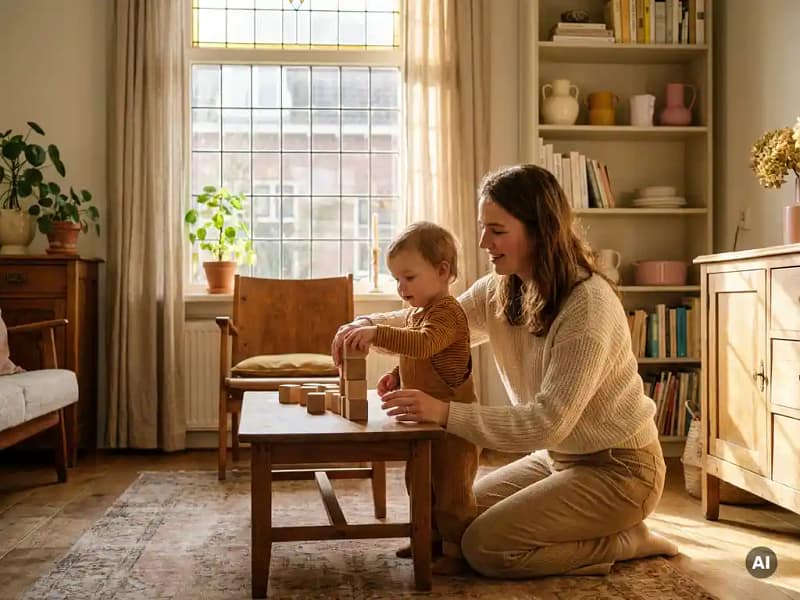 Vrouw op ooghoogte met peuter die houten blokken stapelt in gezellige Nederlandse woonkamer, warm middaglicht.