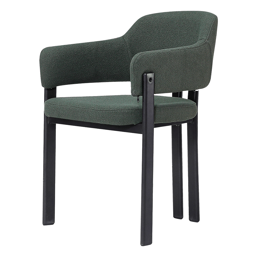 Isamu Japandi design dining chair in dark green bouclé with black base