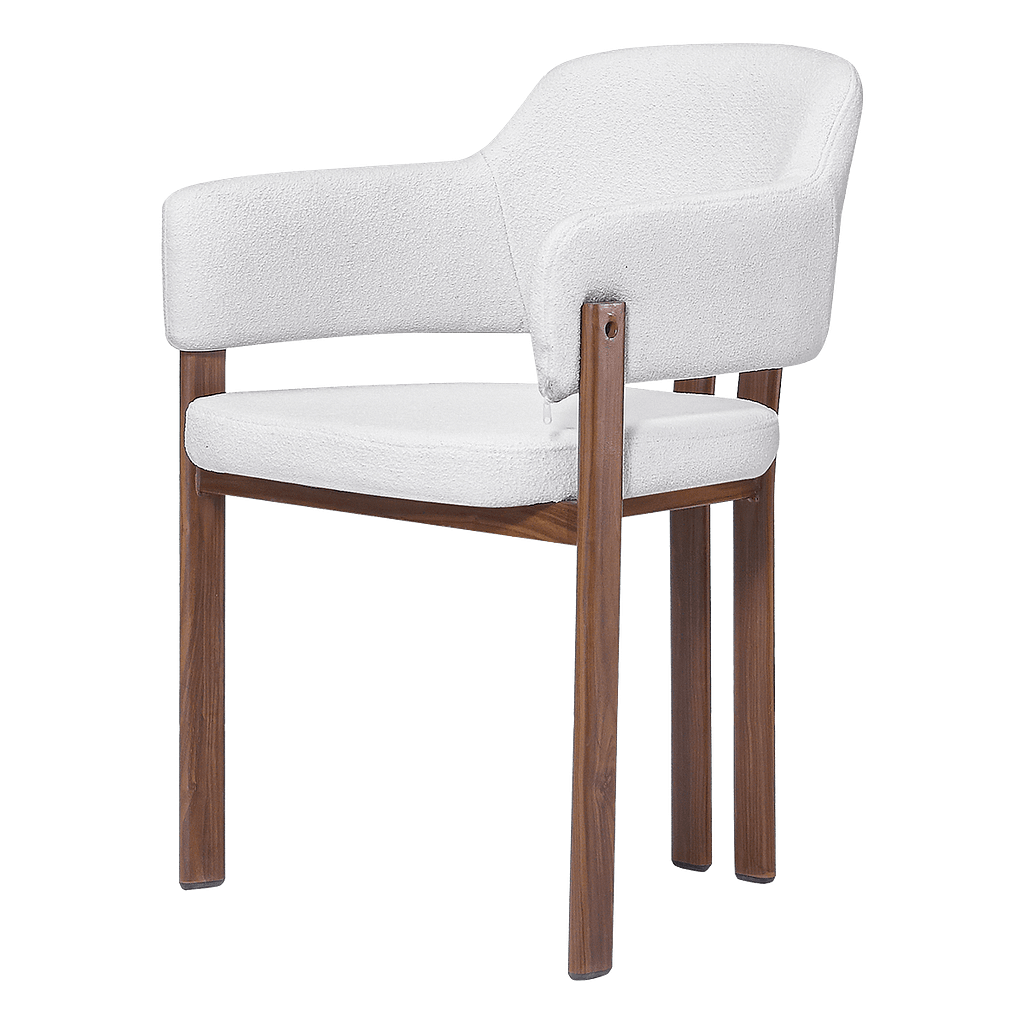 Isamu Japandi design dining chair in white bouclé with walnut finish base