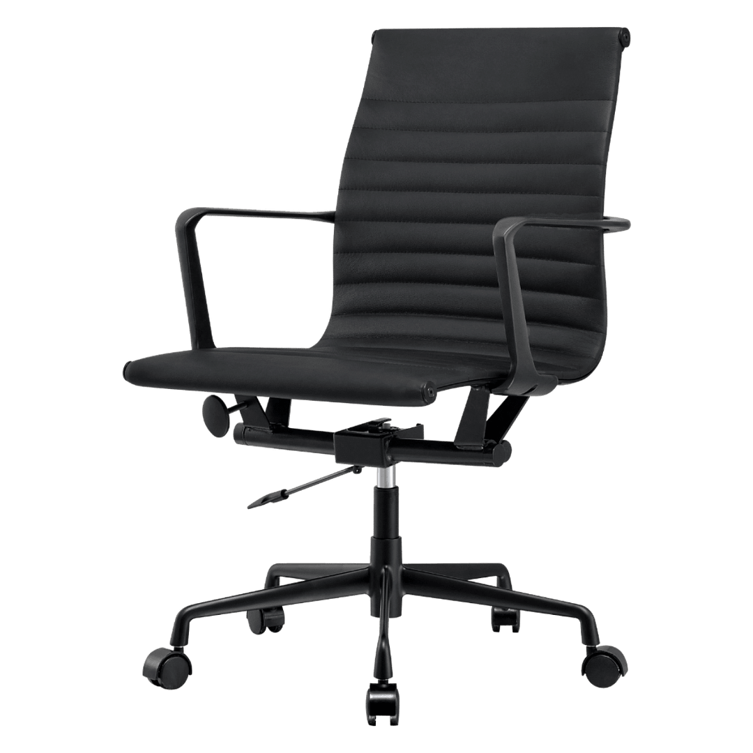 Premium Lowback Ribbed Office Chair Black Leather | Black Frame