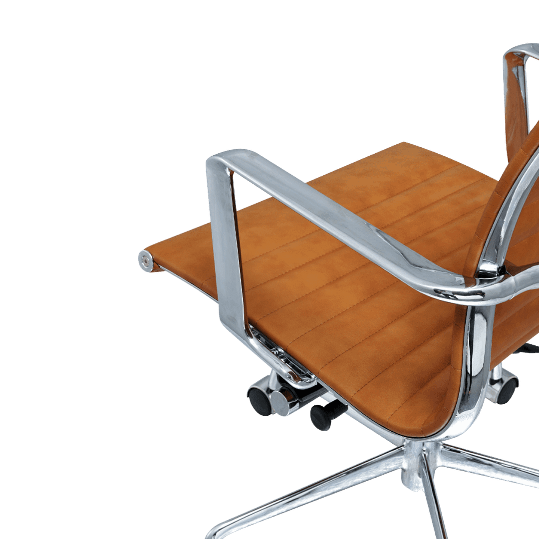 Premium Lowback Ribbed Office Chair Cognac Leather Chrome Frame 10