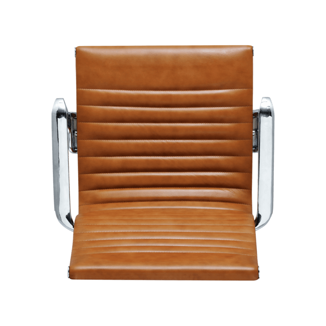 Premium Lowback Ribbed Office Chair Cognac Leather Chrome Frame 11