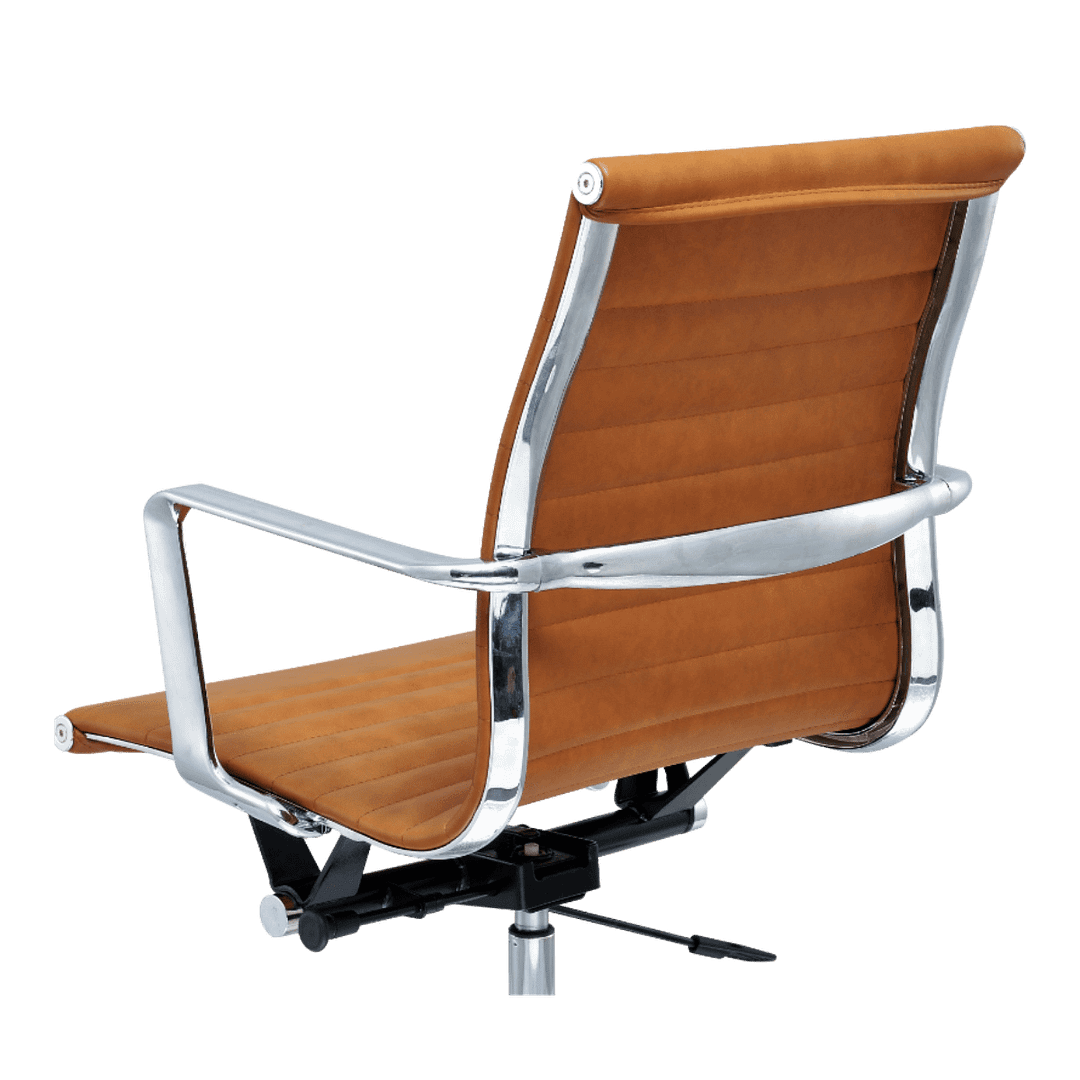 Premium Lowback Ribbed Office Chair Cognac Leather Chrome Frame 12