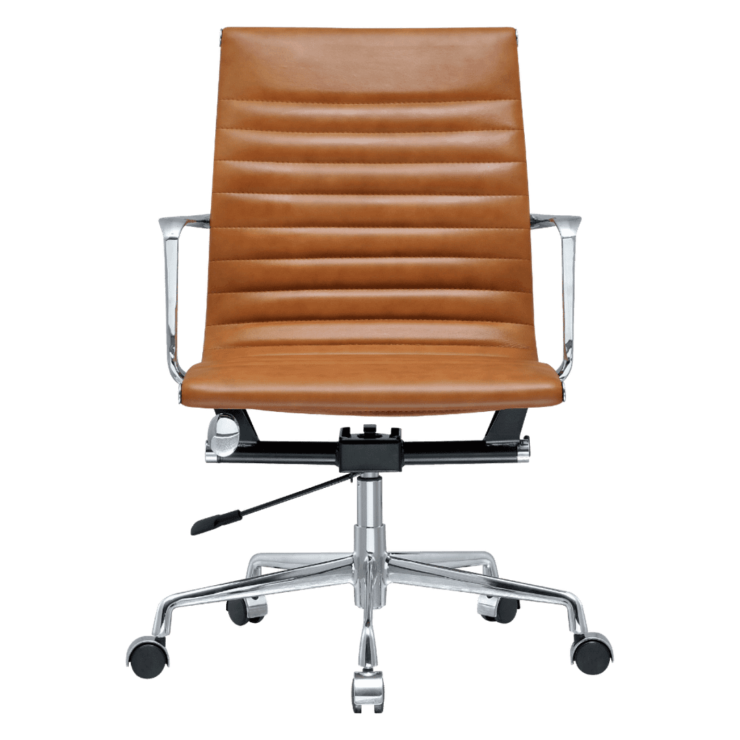 Premium Lowback Ribbed Office Chair Cognac Leather Chrome Frame 2