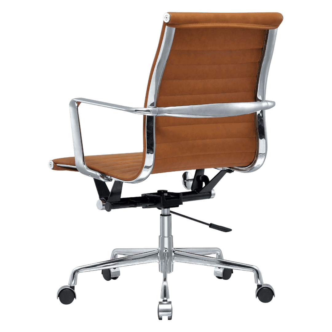 Premium Lowback Ribbed Office Chair Cognac Leather Chrome Frame 4