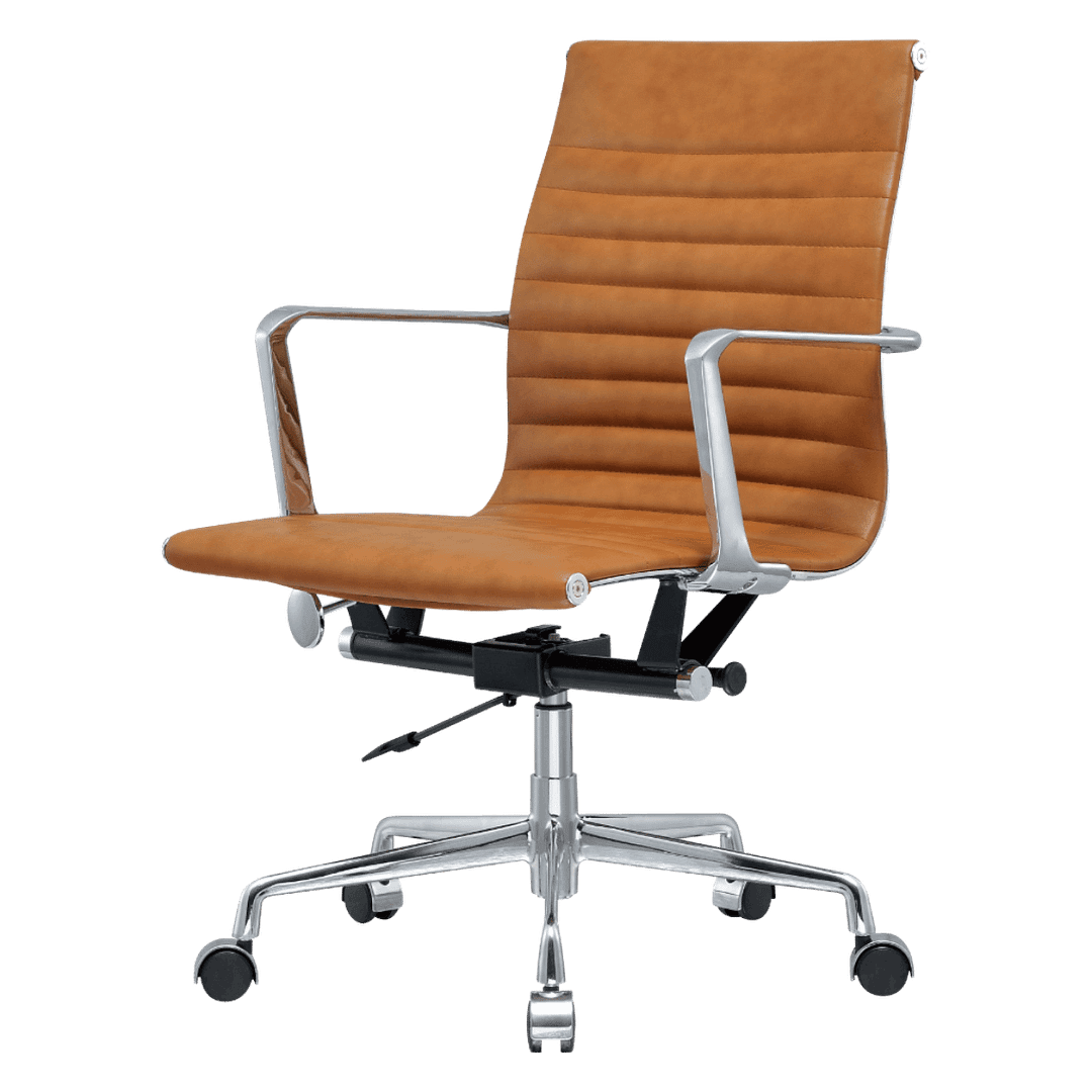 Premium Lowback Ribbed Office Chair Tan Leather | Chrome Frame