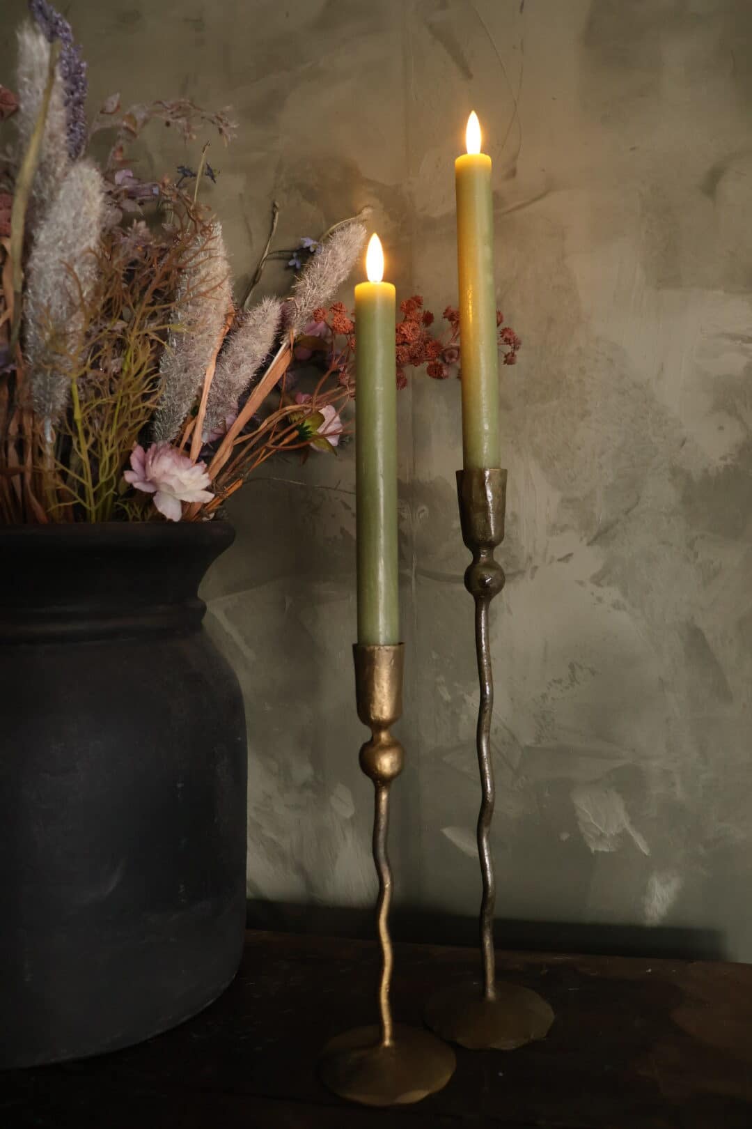 Rustieke set led dinerkaarsen olijf