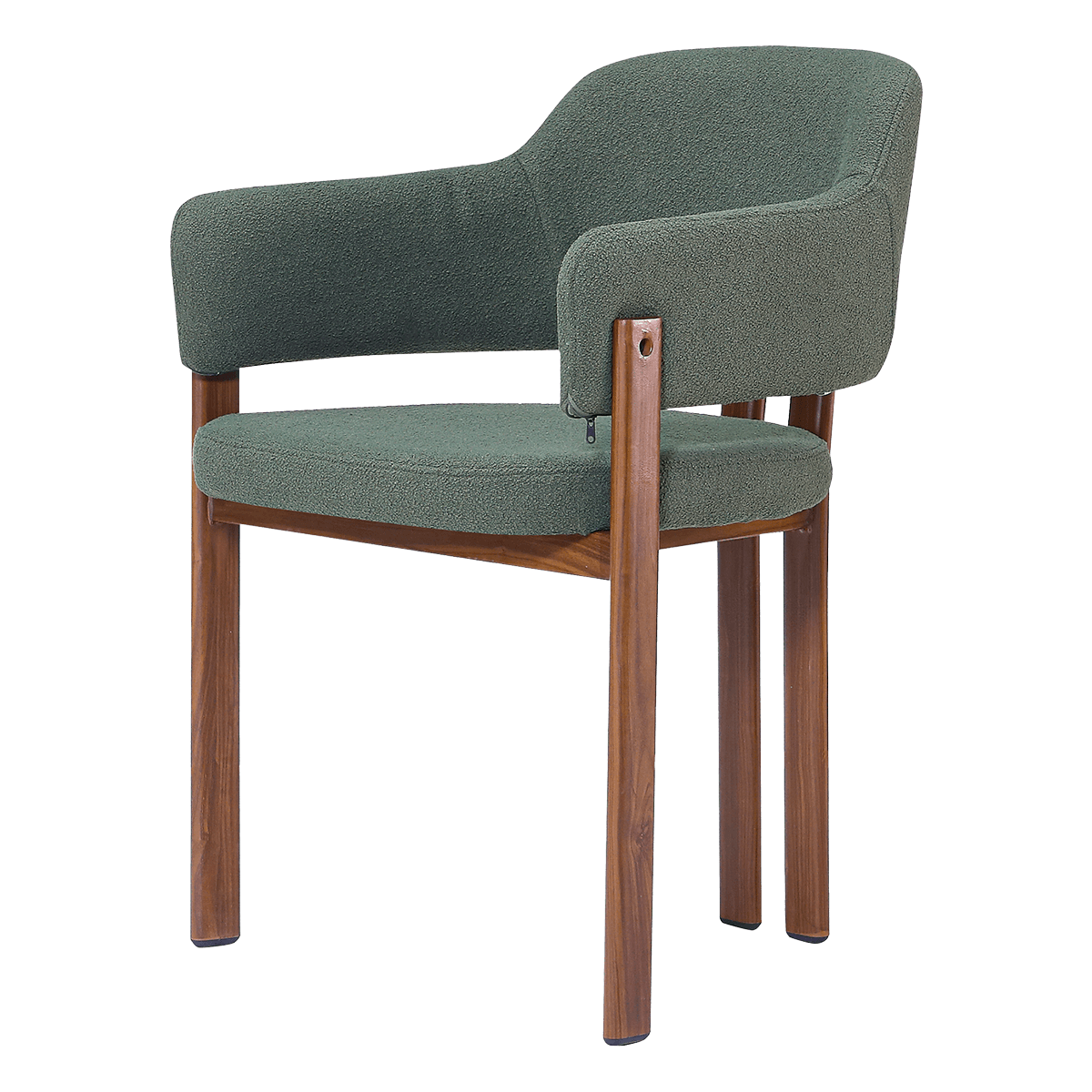Isamu Design Dining Chair – Dark Green Bouclé – Walnut Finish Base