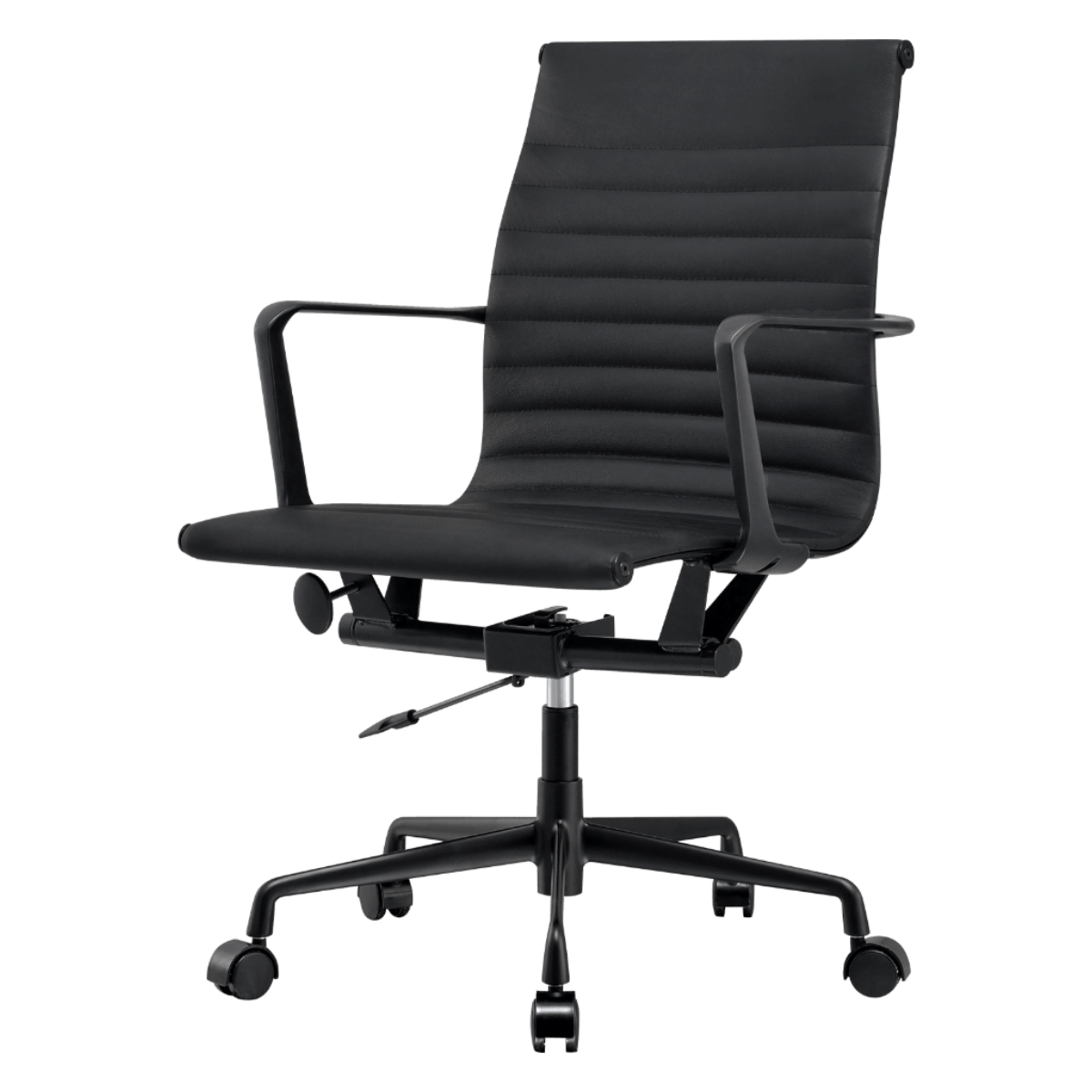 Premium Lowback Ribbed Office Chair Schwarzes Leder Schwarzes Gestell