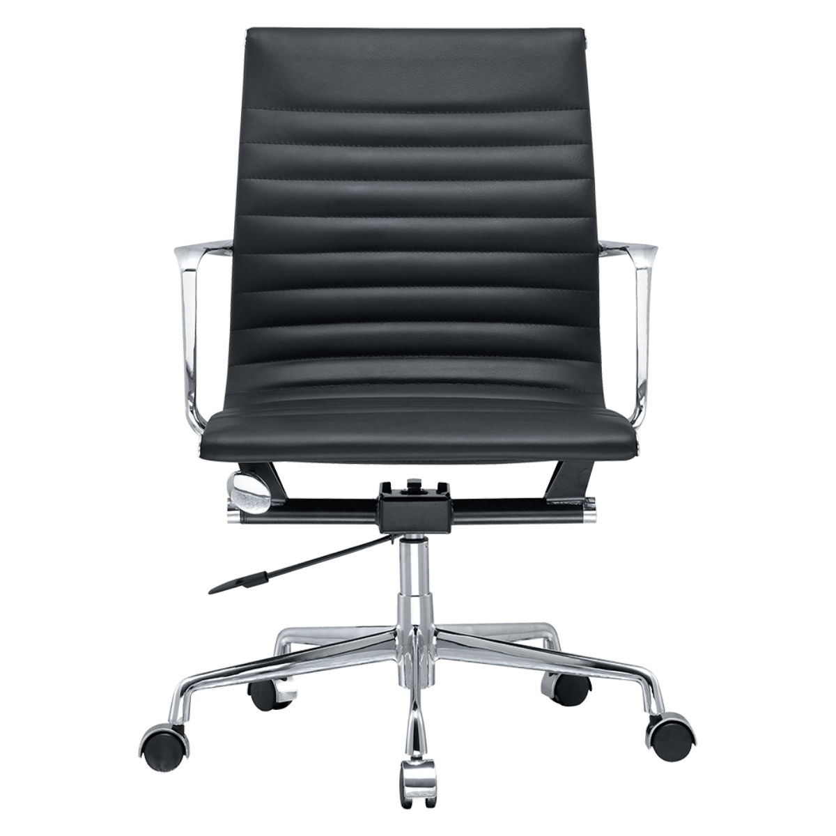 Silla de oficina Premium respaldo bajo acanalado Piel negra Estructura cromada 5