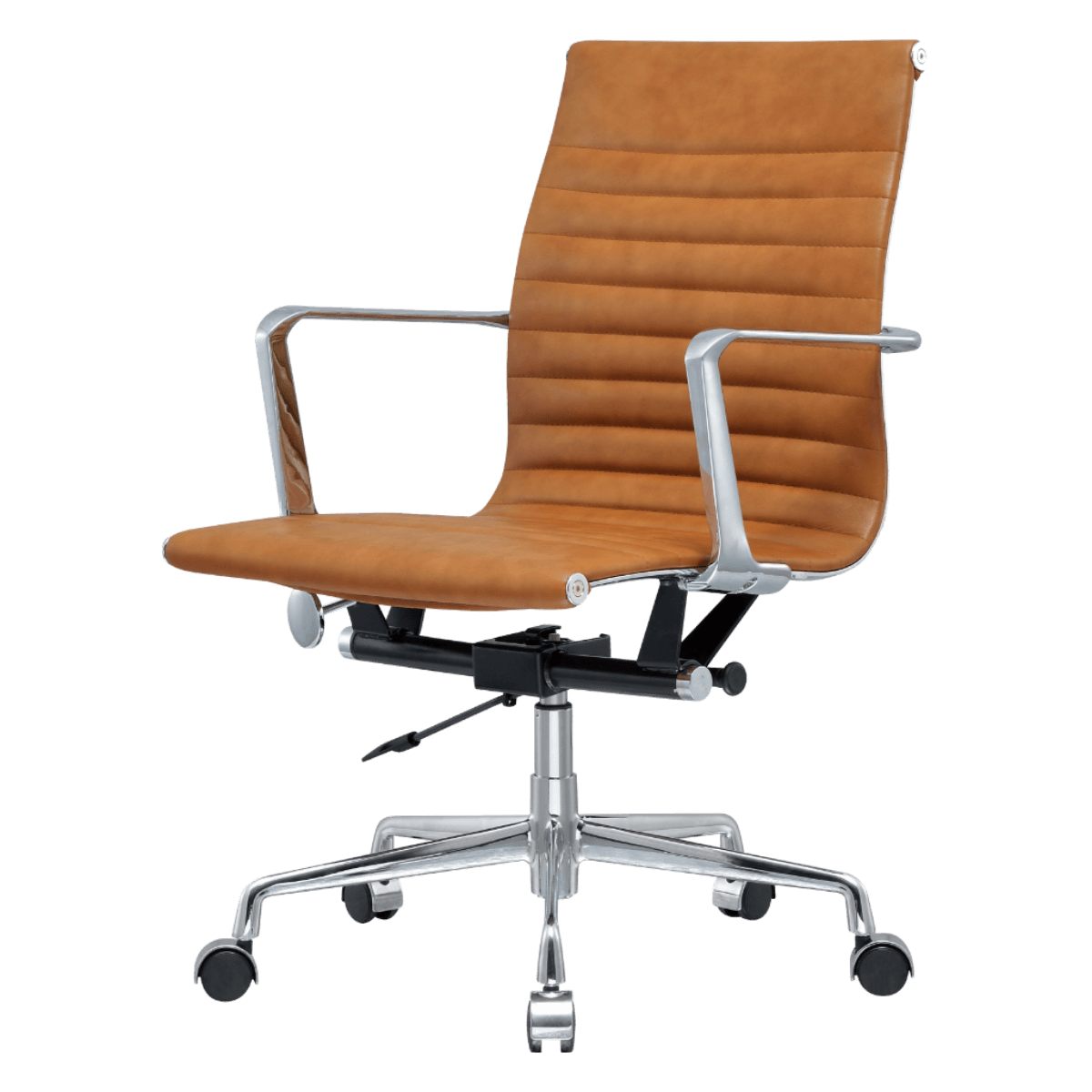 Premium Lowback Ribbed Office Chair Cognac Leather Chrome Frame