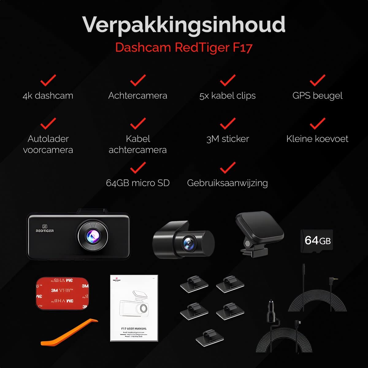 Redtiger F17 4K 3-kanaal 5G Dashcam