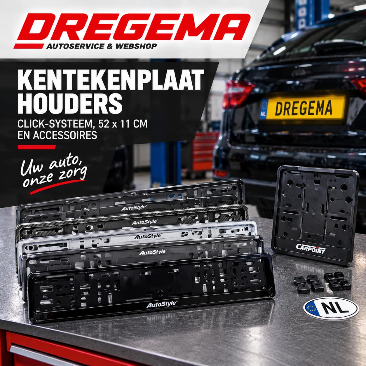 Kentekenplaathouders 52x11 cm met Click-systeem bij Dregema