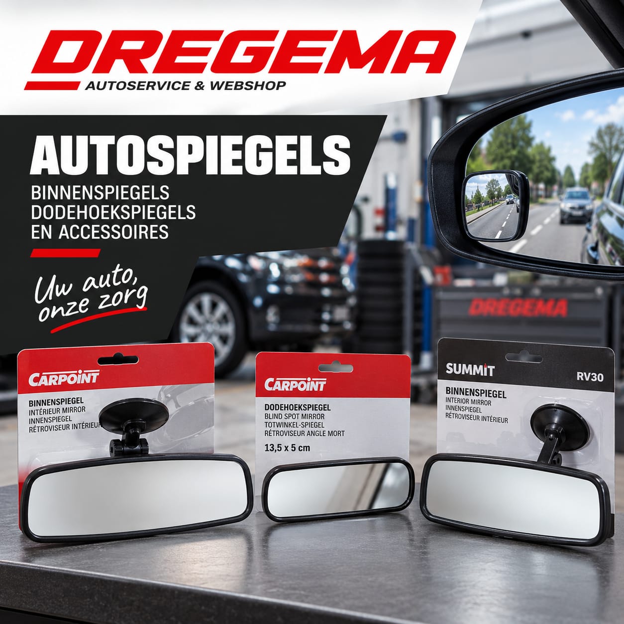 Autospiegels, binnenspiegels en dodehoekspiegels bij Dregema
