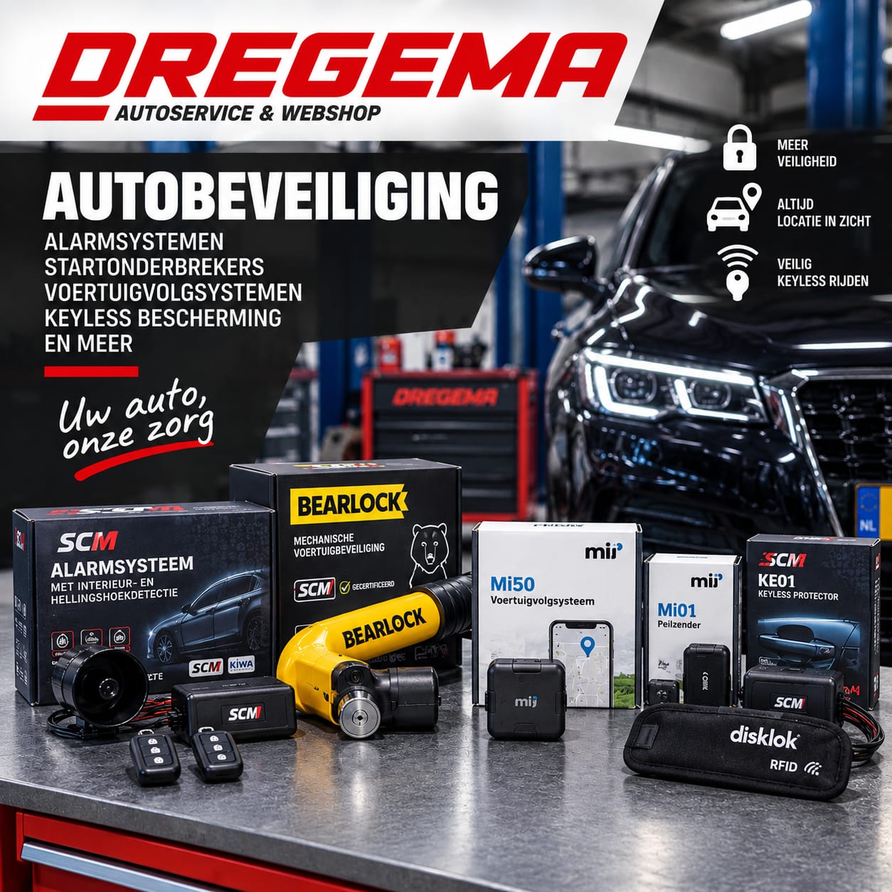 Autobeveiliging met SCM alarmsysteem, Bearlock en voertuigvolgsysteem bij Dregema