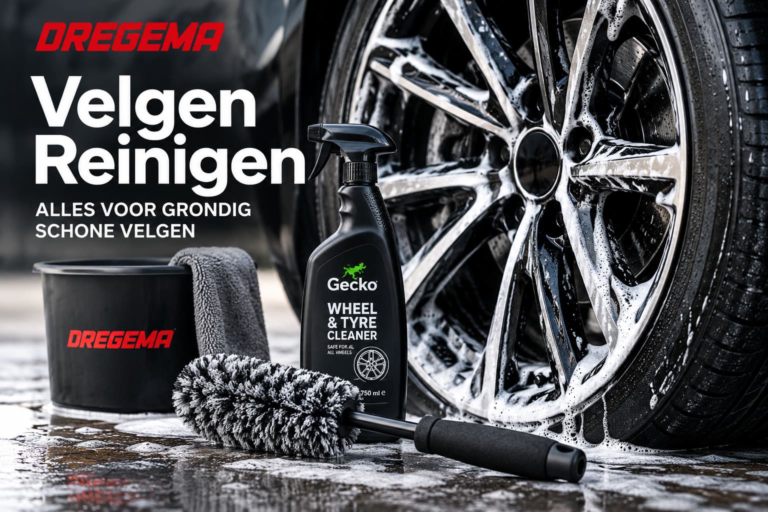 Velgen reinigen met velgenreiniger en velgenborstel van Dregema
