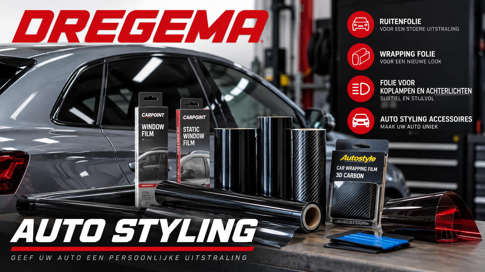 Auto styling accessoires, ruitenfolie en wrapping folie bij Dregema