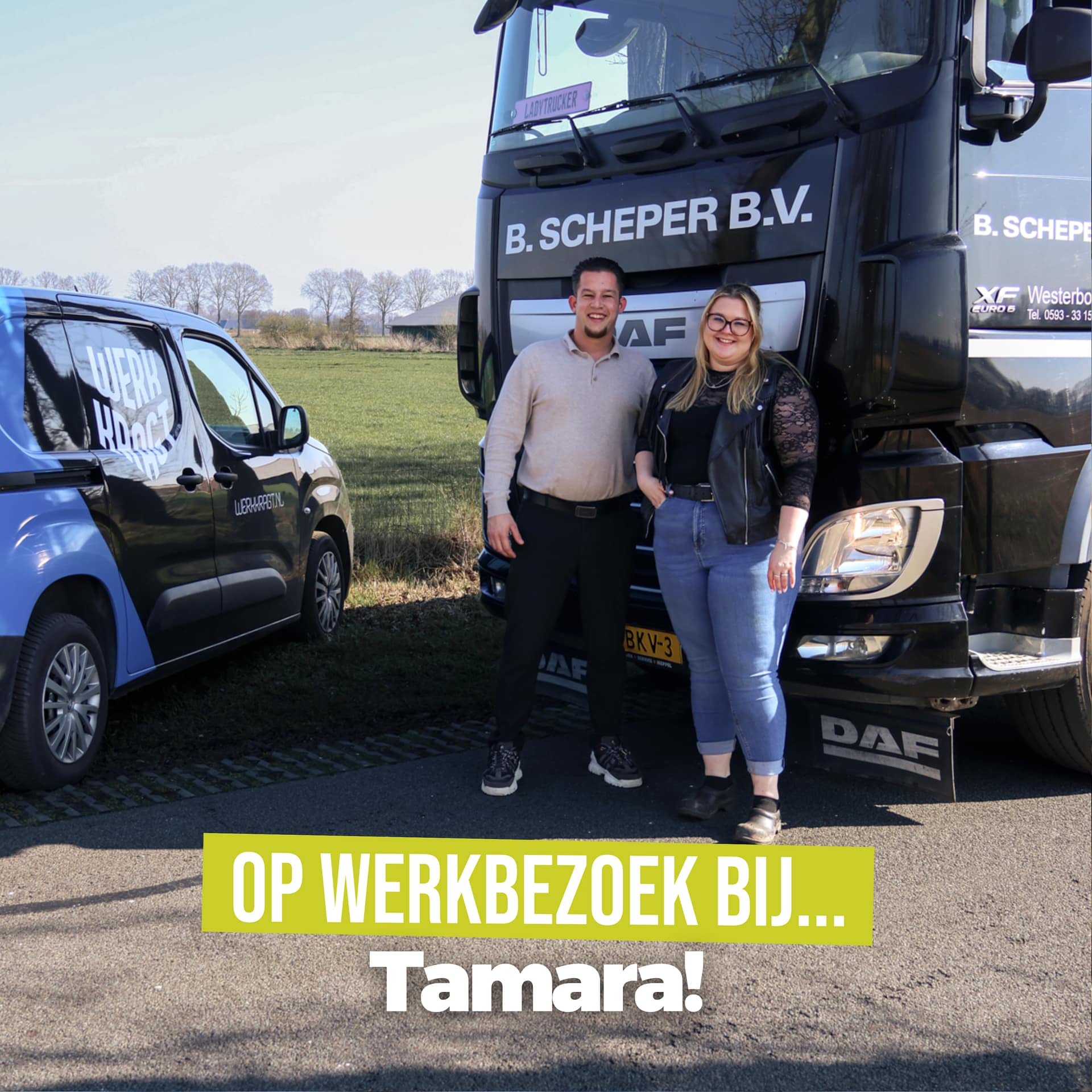 Vrachtwagenchauffeuse Tamara aan het werk in het loonwerk met vrachtwagen op locatie