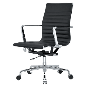 Premium Lowback Ribbed Bürostuhl aus Schwarzem Leder | Chromgestell