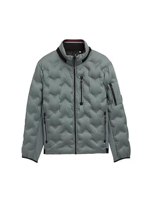Hybrid quilted jacket with stowable hood