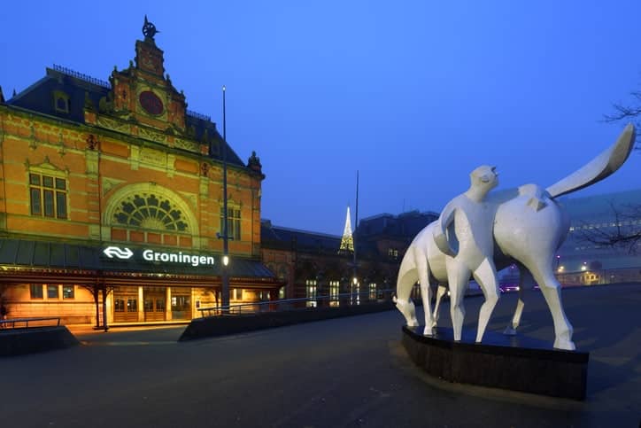 Dagje uit Groningen stad Peerd van Ome Loeks voor het centraal station
