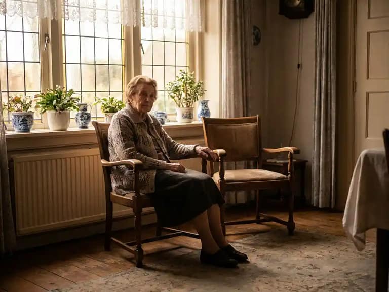 Oudere vrouw alleen bij zonnig raam in Nederlandse woning, hand op lege stoel naast haar, zachte middaglichtschaduwen op houten vloer.