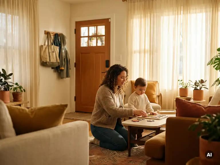 Nanny helpt jong kind met puzzel in warme woonkamer, jas en tas bij de deur, goudkleurig middaglicht.