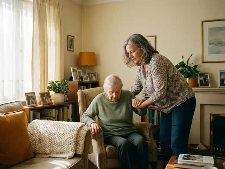 Vrouw helpt oudere persoon in fauteuil in warme woonkamer met zacht gebreid deken en middagzonlicht door gordijnen.