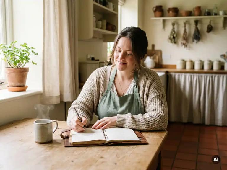 Nanny aan keukentafel met opengeslagen weekplanner en dampende koffie, warm ochtendlicht door linnen gordijnen.