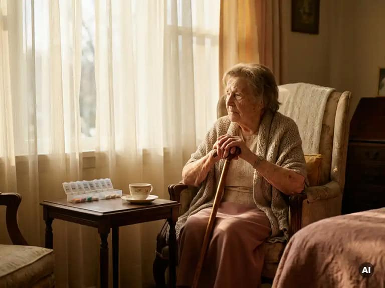 Fragiele oudere vrouw in fauteuil bij zonnig raam, rustend op houten wandelstok, met medicijnendoos en theekopje op bijzettafel.