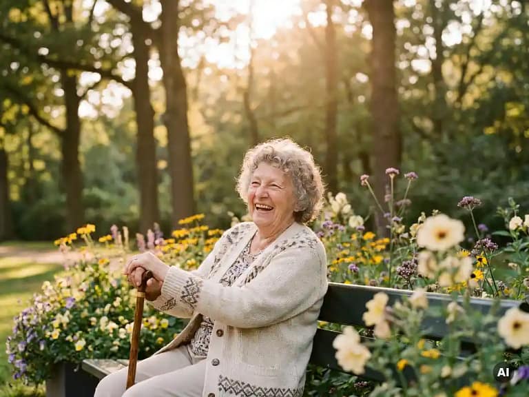 Lachende oudere vrouw met lichtgekleurde vest op een zonnig bankje in een Nederlands park, wandelstok en bloemen op de achtergrond.