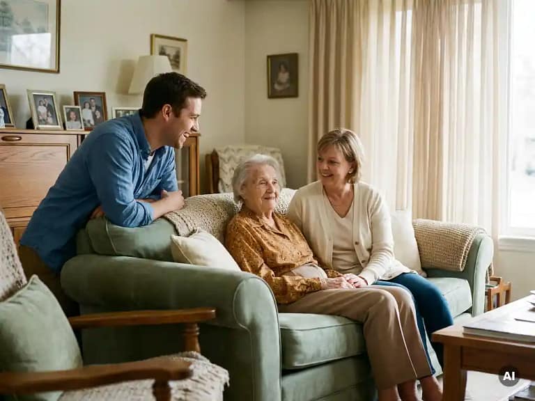 Thuiszorgverlener en familielid in gesprek met oudere persoon op bank, warm middaglicht door gordijnen.