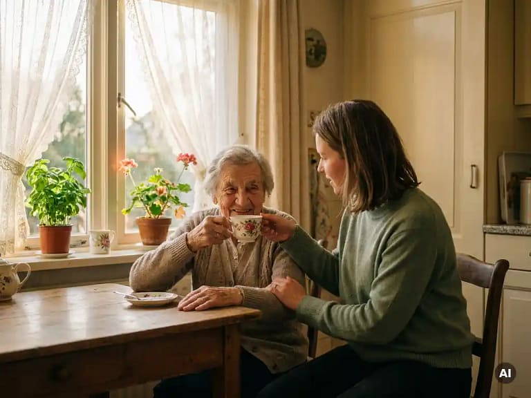 Oudere vrouw aan keukentafel die thee krijgt van jongere vrouw, gouden middaglicht en kanten gordijnen op de achtergrond.
