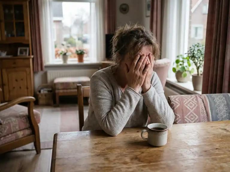 Uitgeputte mantelzorger zit alleen aan keukentafel met hoofd in handen, naast een koud kopje thee, in een warme Nederlandse woning.