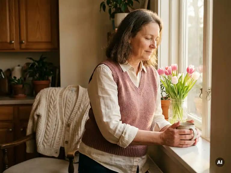 Verzorger in casual kleding bij zonnig keukenraam met warme mok, tulpen op vensterbank en gebreid vest op stoel op de achtergrond.