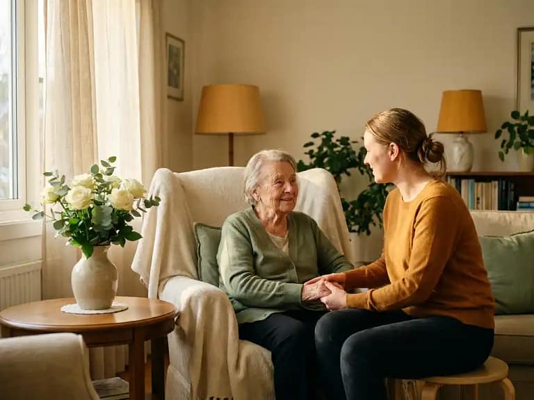 Oudere vrouw in fauteuil houdt hand vast van jongere vrouw in warme woonkamer met zacht middaglicht en verse bloemen.