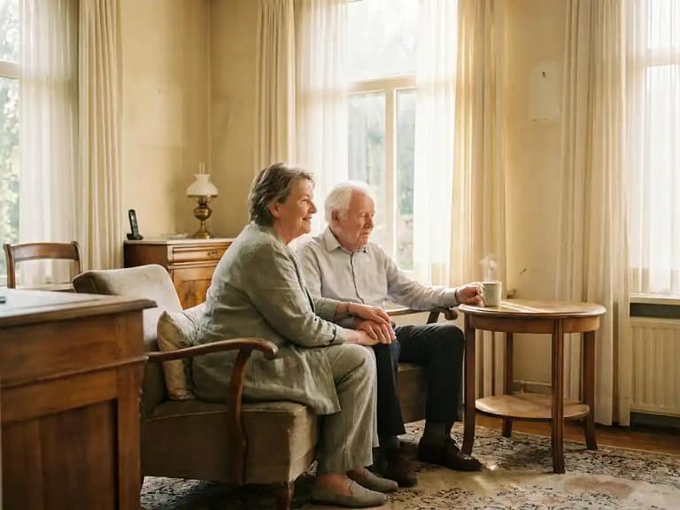 Zorgverlener naast oudere persoon in zonnige Nederlandse woonkamer met dampende thee op bijzettafel.