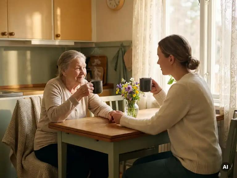 Oudere vrouw en zorgverlener aan zonnige keukentafel met dampende mokken en een vaasje veldbloemen in warm middaglicht.