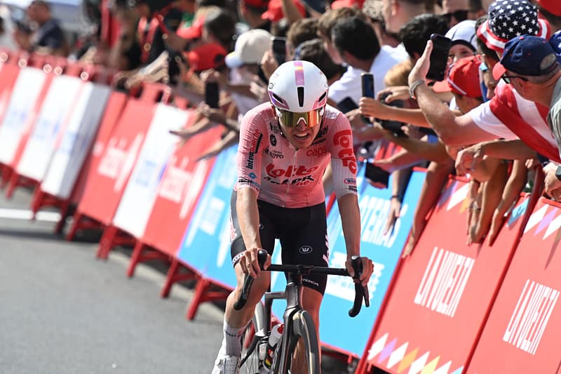 Jarno Widar rides through a crowded finish straight during Vuelta a España Stage 13 in Loja