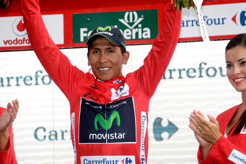 Nairo Quintana celebrates on the podium after winning Vuelta a España stage 9 for Movistar