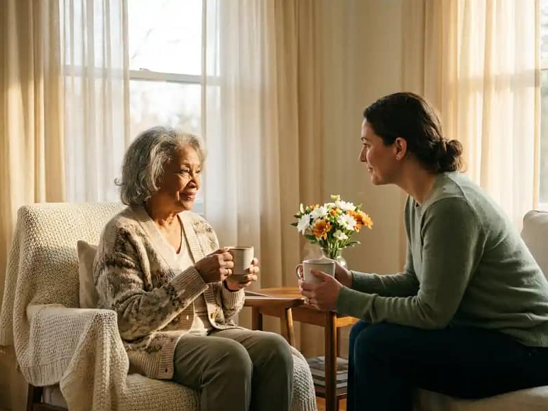 Oudere vrouw en zorgverlener drinken samen thee in warme woonkamer met zachte middagzon en gebreide deken.