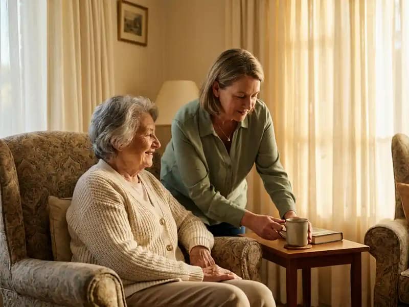 Oudere vrouw in fauteuil ontvangt een kopje thee van een zorgzame buurvrouw in een warme, zonnige woonkamer.
