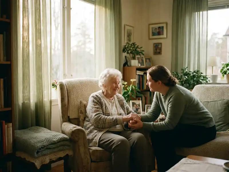 Oudere persoon met dementie in fauteuil, handen zacht vastgehouden door verzorger in warm verlichte woonkamer.