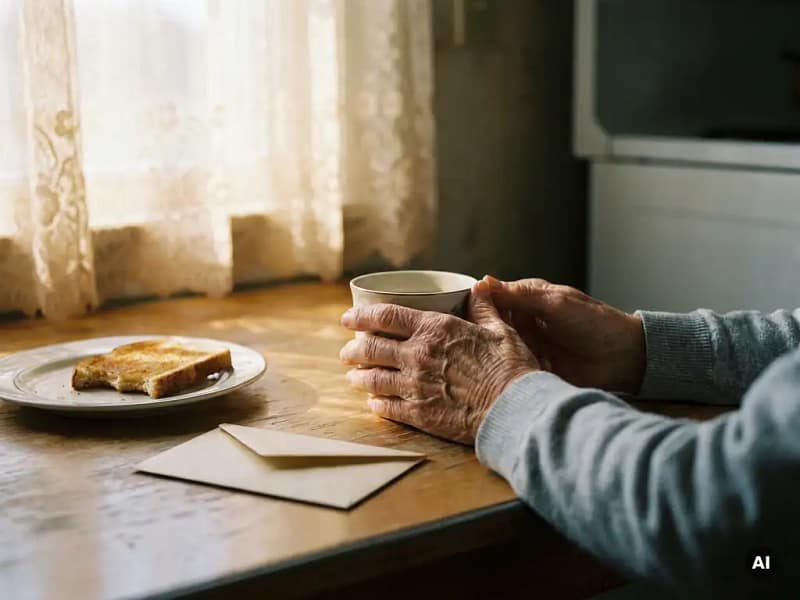 Gerimpelde handen van een oudere vrouw om een theekopje, houten tafel met half opgegeten maaltijd en ongeopende envelop, zacht middaglicht.