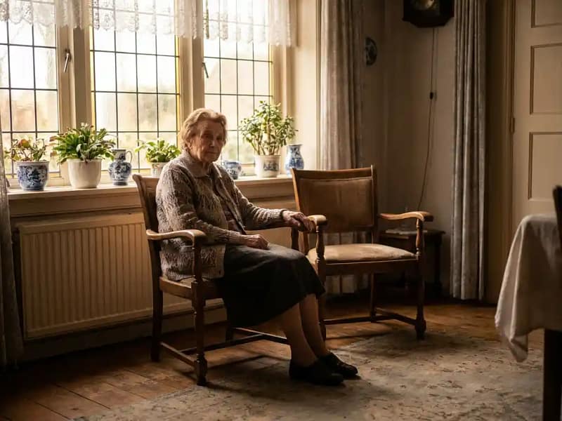 Oudere vrouw alleen bij zonnig raam in Nederlandse woning, hand op lege stoel naast haar, zachte middaglichtschaduwen op houten vloer.