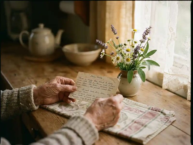 Oudere handen houden een handgeschreven kaart vast naast een bosje veldbloemen op een keukentafel, zacht middaglicht door een kanten gordijn.