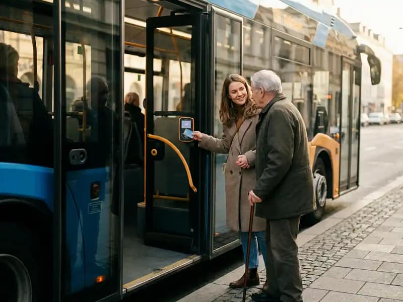 Vrouw helpt oudere persoon instappen in Nederlandse stadsbus, ov-chipkaart in hand, warm middaglicht.