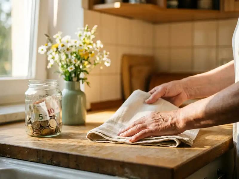 Handen die een gevouwen linnen theedoek vouwen op een zonnig keukenblad, met euromunten, bankbiljetten en bloemen op de achtergrond.