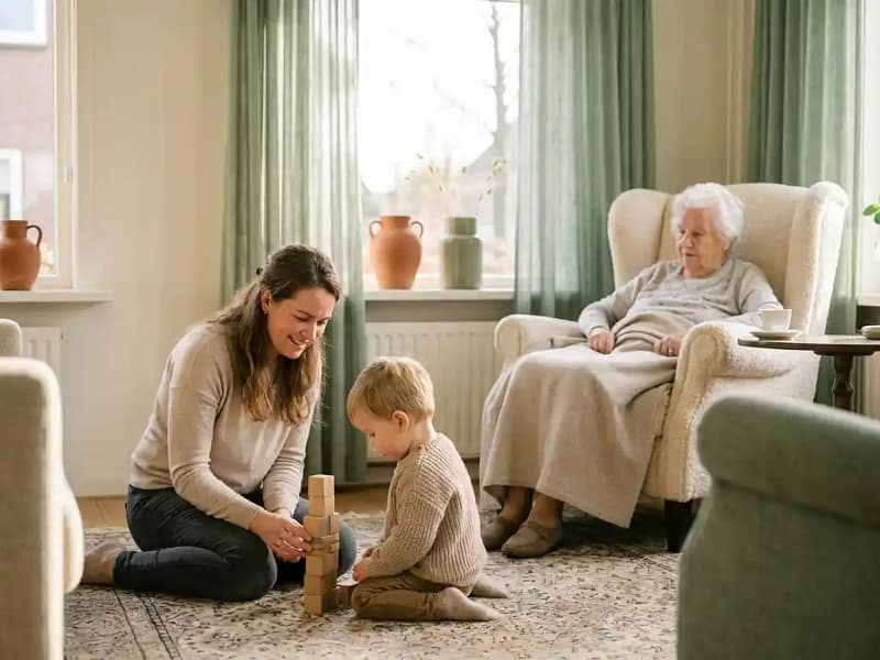 Verzorger naast peuter met houten blokken op vloer, oudere vrouw rustend in fauteuil, warme middagzon door gordijnen in gezellig interieur.